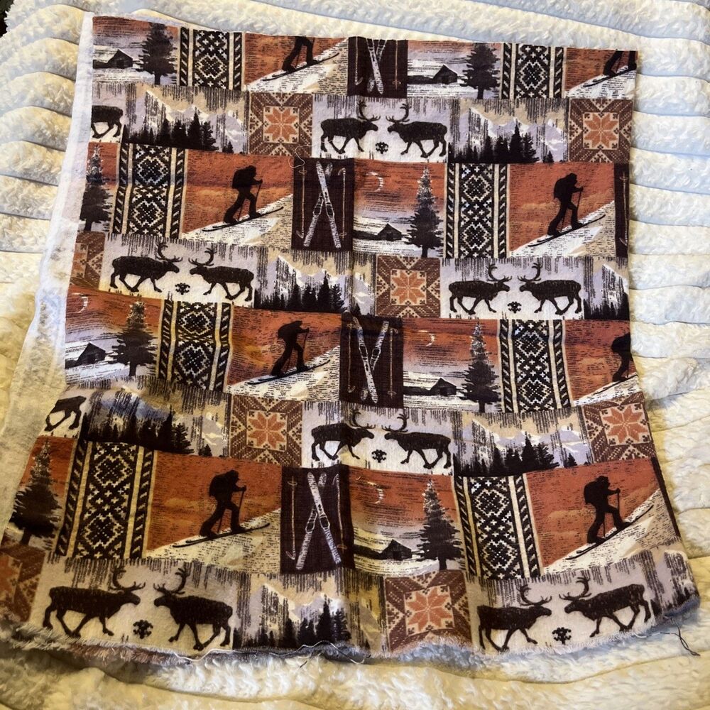 23"X42" Vtg Jo-Ann Moose Skiing Pine Trees Camping Flannel Fabric